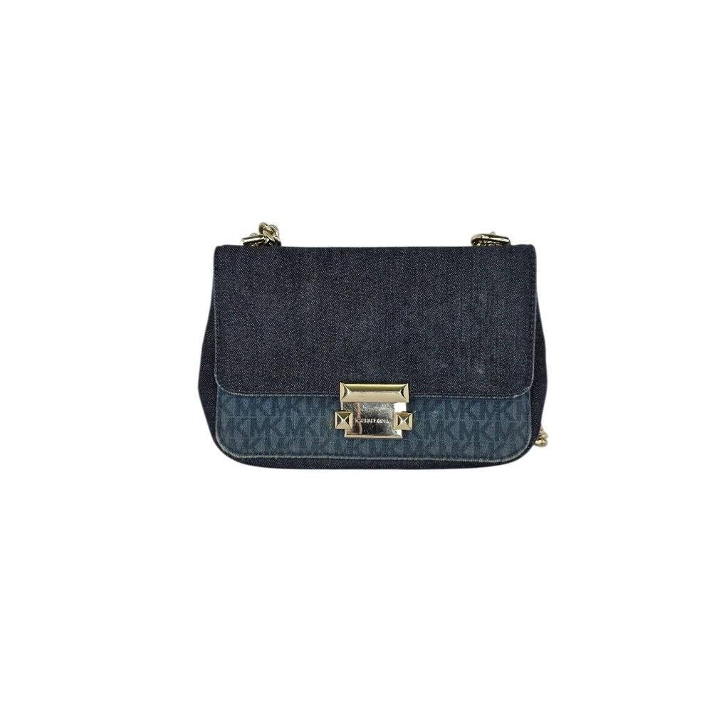 Michael Kors Sloan 2 Way Signature Logo Denim Gold Chain Shoulder Crossbody Bag